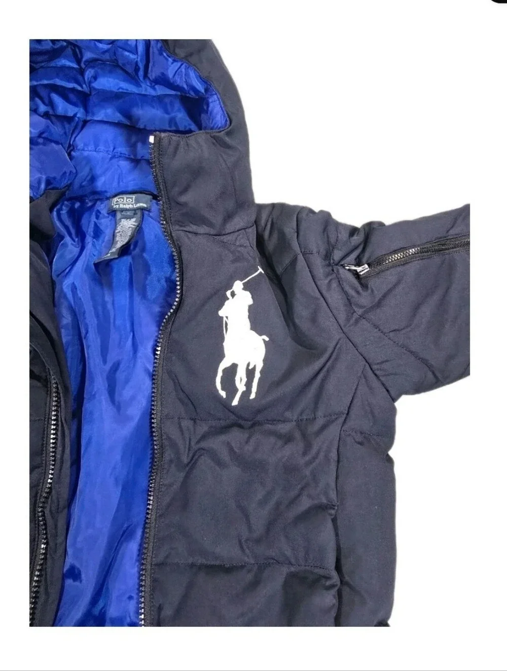 Ralph Lauren Black Jacket with Royal Blue Interior. Boys Puffer Coat Size Small.